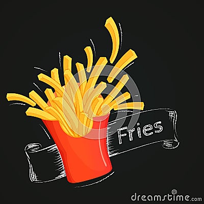 Flying french fries with outline and ribbon drawn with chalk on a blackboard. Vector Illustration