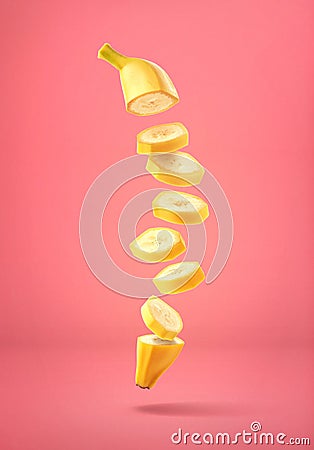 Flying fresh ripe banana cut into slices Stock Photo