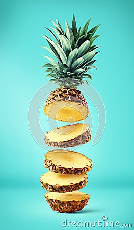 Flying fresh ripe pineapple slices Stock Photo