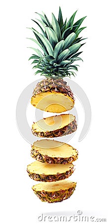 Flying fresh ripe pineapple slices Stock Photo