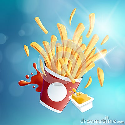 Flying Fries Blue Bokeh Background EPS10 Vector Illustration