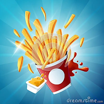 Flying fries on light blue background Vector Illustration