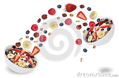 Flying fruits from fruit muesli for breakfast with banana and st Stock Photo