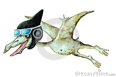 Flying funny dinosaur pterodactyl in a helmet Cartoon Illustration