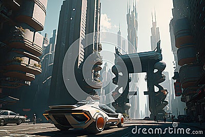 flying futuristic cyberpunk car in the big city Cartoon Illustration