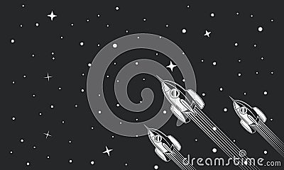 Flying Galaxy space ships, rockets in space. Business banner concept. Retro vintage background. Vector Illustration