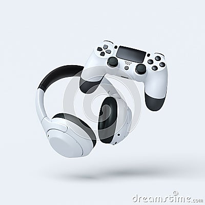 Flying gamer gears like headset, headphones and joystick on white background Stock Photo