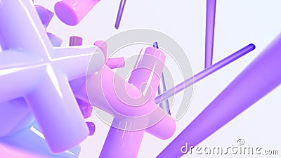 Flying geometric 3d shapes in motion. Abstract background with glossy pink purple crosses, plus or x signs and hologram Cartoon Illustration