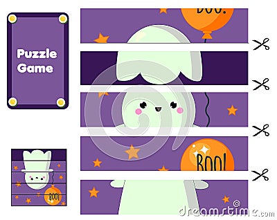 Flying ghost. Educational Puzzle for toddlers. Match pieces and complete the picture. Halloween game for children Vector Illustration