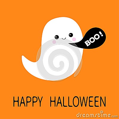 Flying ghost spirit. Black talking bubble Boo Happy Halloween. Vector Illustration