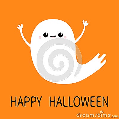 Flying ghost spirit. Happy Halloween. Scary white ghosts. Cute cartoon boo spooky character. Smiling face, frightening scaring han Vector Illustration