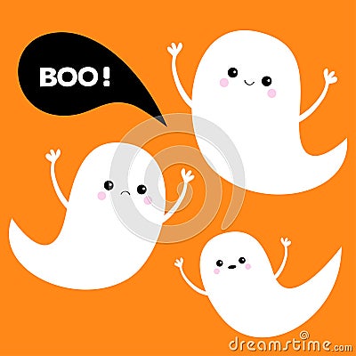 Flying ghost spirit set. Three scary white ghosts. Boo Happy Halloween. Vector Illustration