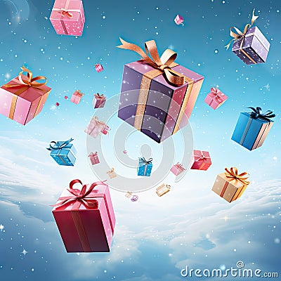 Flying Gift Boxes, Holiday Birthday Presents, Falling Giftbox Packages, Christmas Gift Boxes Stock Photo