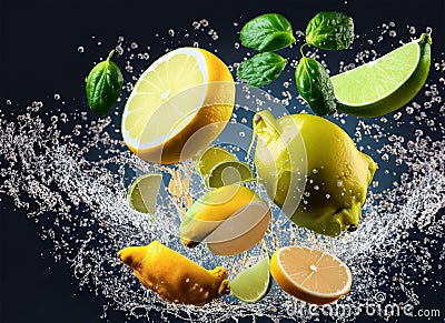 Flying ginger and lemon and lime slices with splash of water on dark background. Generative AI Stock Photo