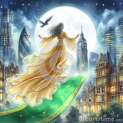 Flying girl on a green magic carpet above London's iconic buildings Stock Photo