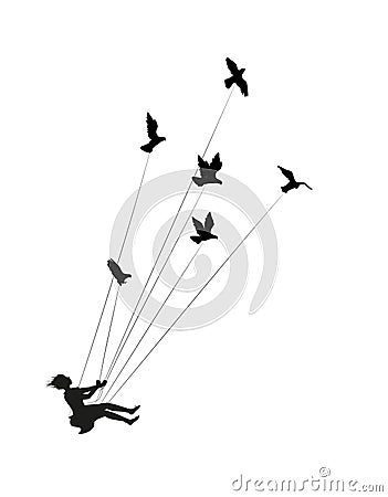 Flying girl and holding pigeons, fly in the dream, shadows, black and white, Vector Illustration