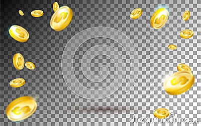 Flying gold coins explosion on transparent background. Realistic Vector Illustration