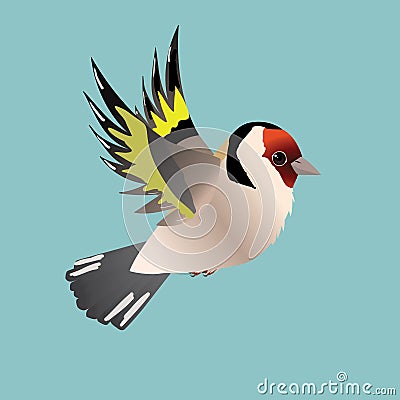 Flying goldfinch bird on a blue background Vector Illustration