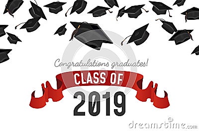 Flying Graduate caps on white background. Student hats with congratulations text. Class on 2019 invitation. Vector illustration Vector Illustration
