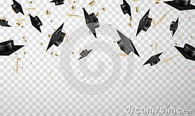 Flying graduation cap set, tossing with confetti Vector Illustration