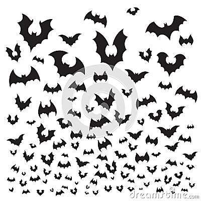 Flying halloween bat. Cave bats flock silhouette fly at sky. Scary vampire flittermouse vector background illustration Cartoon Illustration