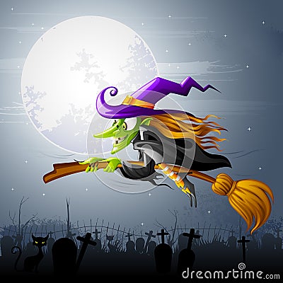 Flying Halloween Witch Vector Illustration