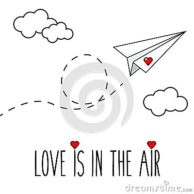 Flying hand drawn paper plane with heart. Romantic, valentine card. Printable illustration Vector Illustration