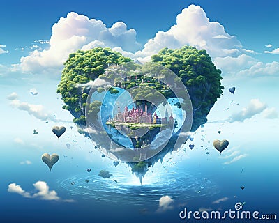 flying heart island in the sky. Cartoon Illustration