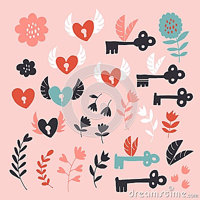 Flying hearts and keys set, hand drawn hearts, keys, flowers, leafs, polka dots Vector Illustration