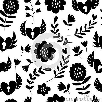 Flying hearts seamless pattern, hand drawn hearts, locks, flowers, leafs, polka dots Vector Illustration