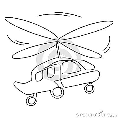 Flying helicopter, a device for mobile movement in space through the air. Continuous line drawing illustration Cartoon Illustration