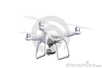 Flying helicopter drone with camera. Studio shot, isolated. Stock Photo