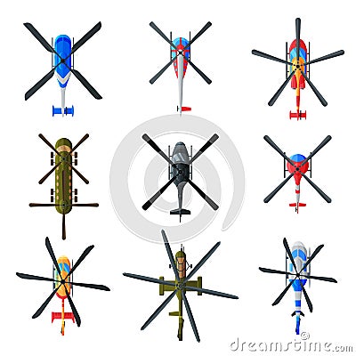 Flying Helicopters Collection, View from Above, Civil and Military Air Transport Vector Illustration Vector Illustration