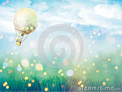 Flying hot baloon with bookeh sky Stock Photo