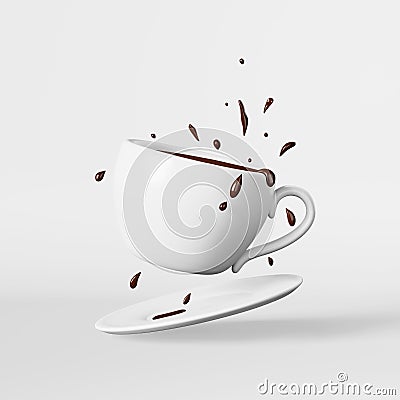 Flying hot chocolate porcelain cup splashes drops 3D rendering white. Floating fresh brewed steaming coffee cocoa drink Stock Photo