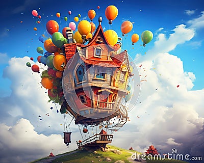 Flying house - art Flying romantic house for kids. Stock Photo