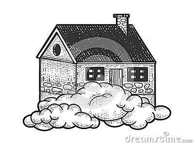 Flying house in clouds sketch vector illustration Vector Illustration