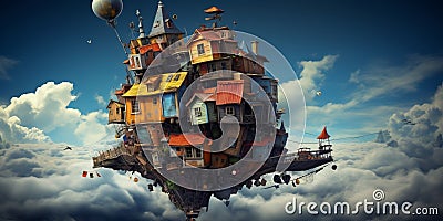 Flying houses view. Beautiful illustration picture. Generative AI Cartoon Illustration