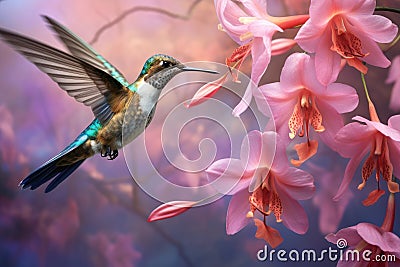 Flying hummingbird near blooming orchid Stock Photo
