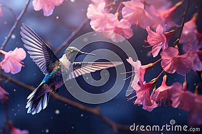 Flying hummingbird near blooming orchid Stock Photo