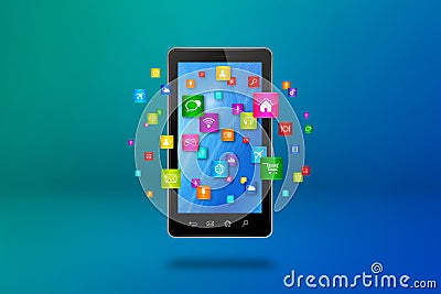 Flying icons around a smartphone. Cloud computing concept Cartoon Illustration