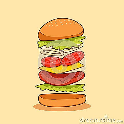 flying ingredient of burger fast food illustration with beef meat, cheese sheet, onion slice, tomato, lettuce and bun bread Vector Illustration