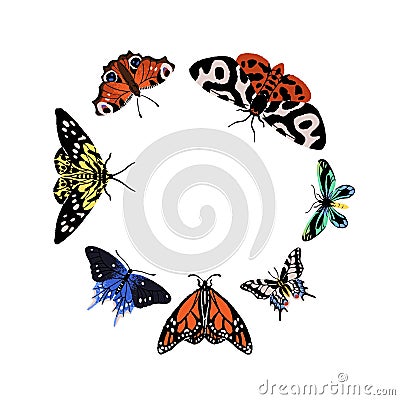 Flying insects species round composition. Different butterflies, moths. Monarch, machaon, swallowtail, queen alexandra Vector Illustration