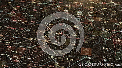 Flying Inside virtual Processor with running electrons and digital codes. Animation. Inverting numbers hanging above Stock Photo