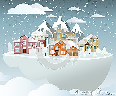 Flying island (village in winter) Vector Illustration