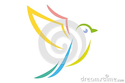 Flying isolated rainbow colored bird on white background Vector Illustration