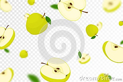 Flying juicy apples, seamless pattern background with a whole and sliced fruits with leaves. Falling green apples with blurred Vector Illustration