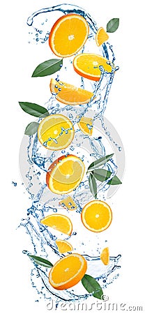 Flying juicy orange slices, citrus leaves and water splash Stock Photo