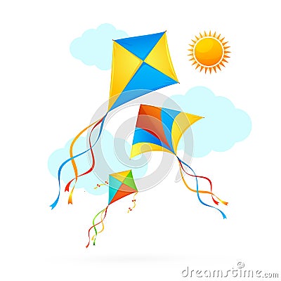 Flying Kite and Clouds on a Sky Summer Concept Background. Vector Vector Illustration