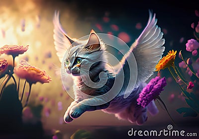 Flying Kitten with angel wings Stock Photo